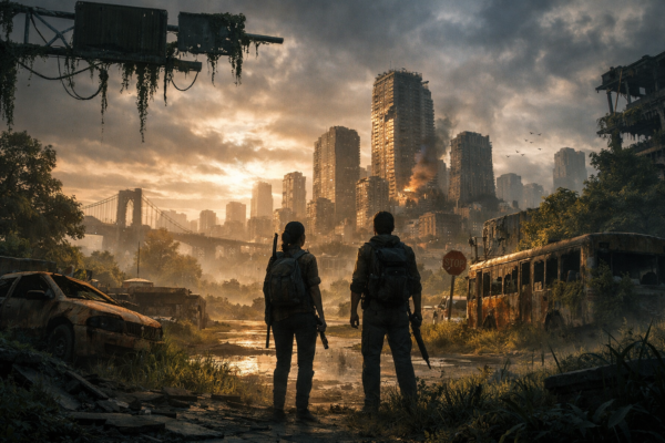 Two survivors watch ruined city skyline at sunset