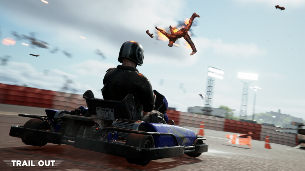 Trail Out go-kart driver racing as body flies overhead
