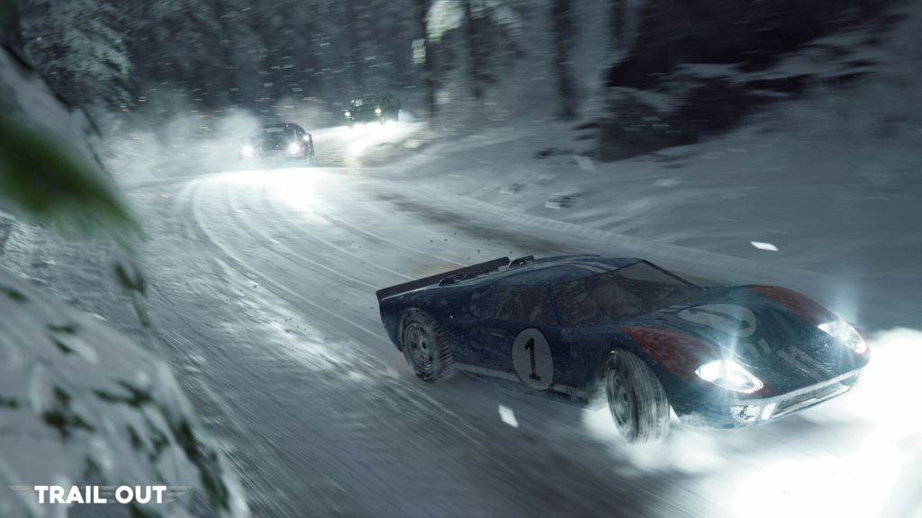 Trail Out race car drifting on snowy road
