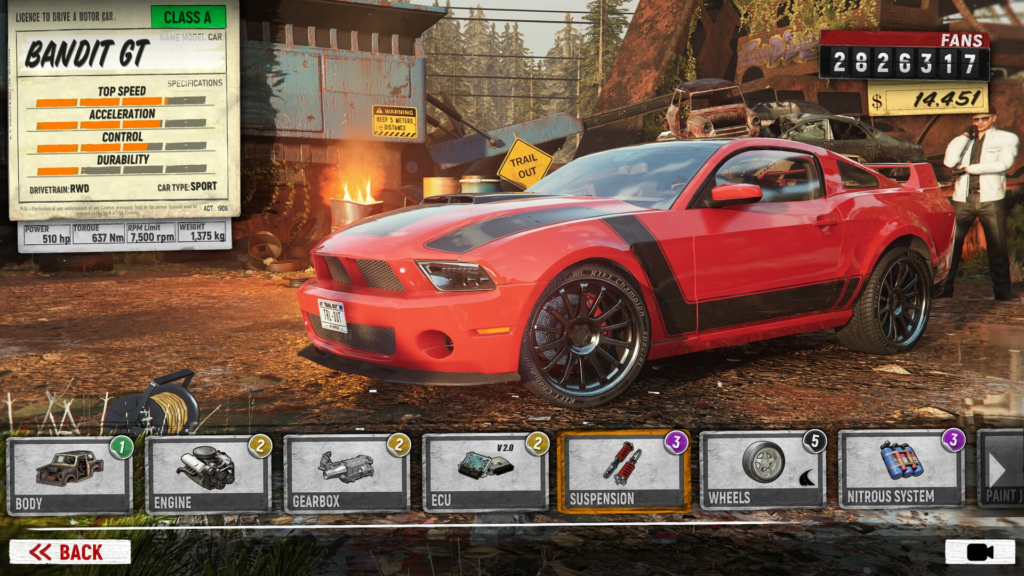 Red Bandit GT parked in garage upgrade menu