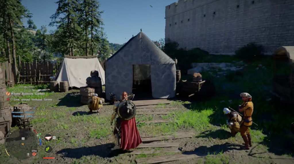Armored warrior walks toward tent camp by castle wall