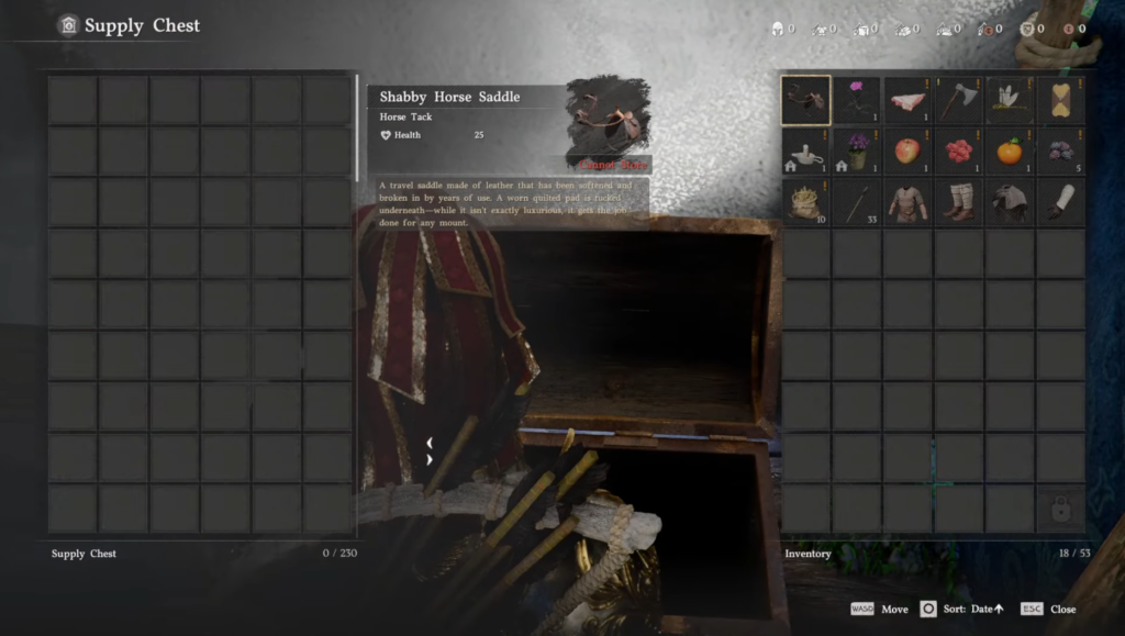 Inventory menu showing Shabby Horse Saddle in supply chest