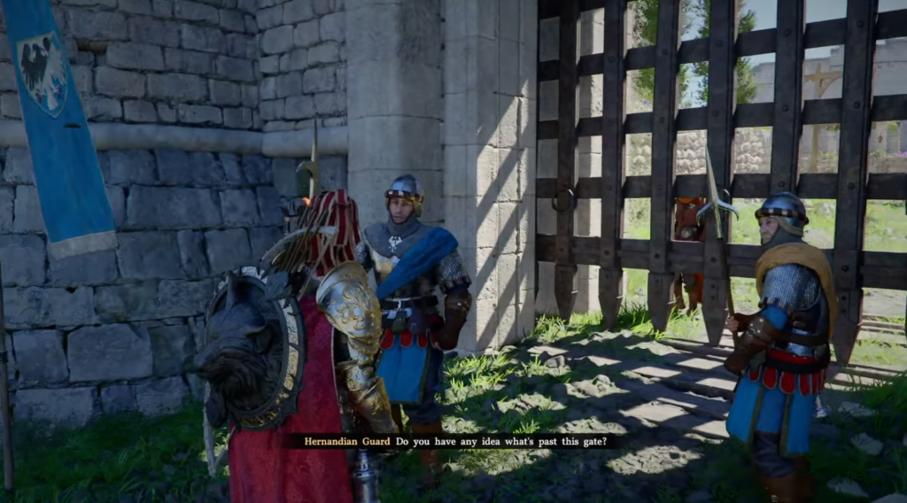 Armored guards talk at castle gate in Kingdom Come Deliverance