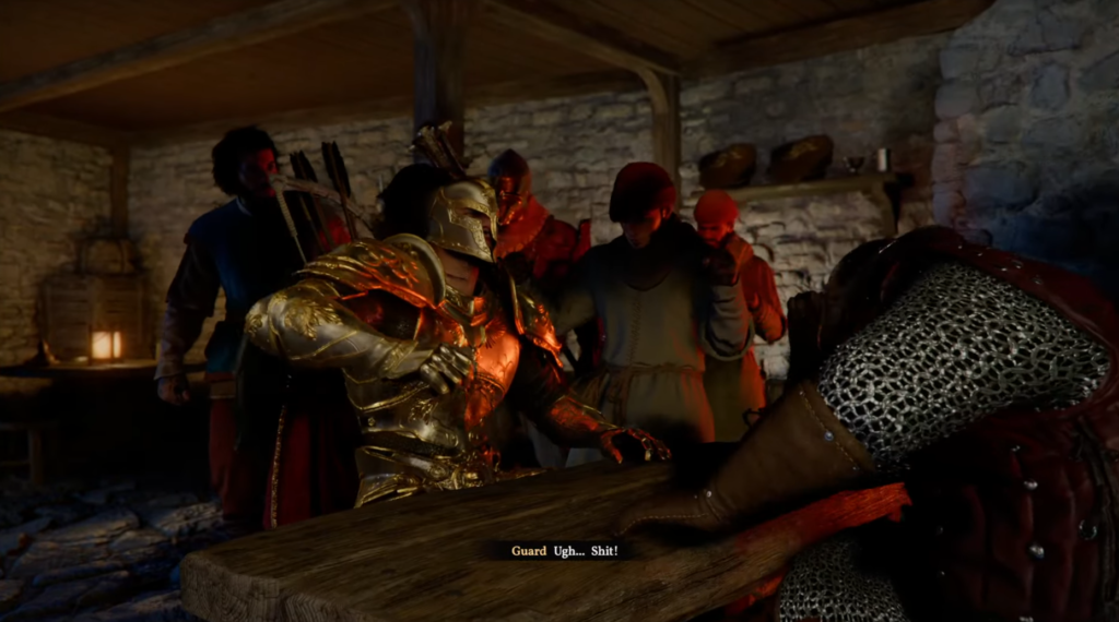 Armored knight punches guard in medieval tavern interior