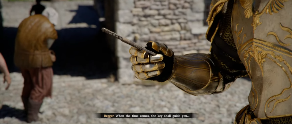 Armored hand holding key in stone courtyard