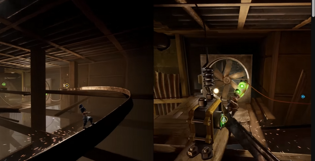 It Takes Two characters grinding rails inside wooden workshop