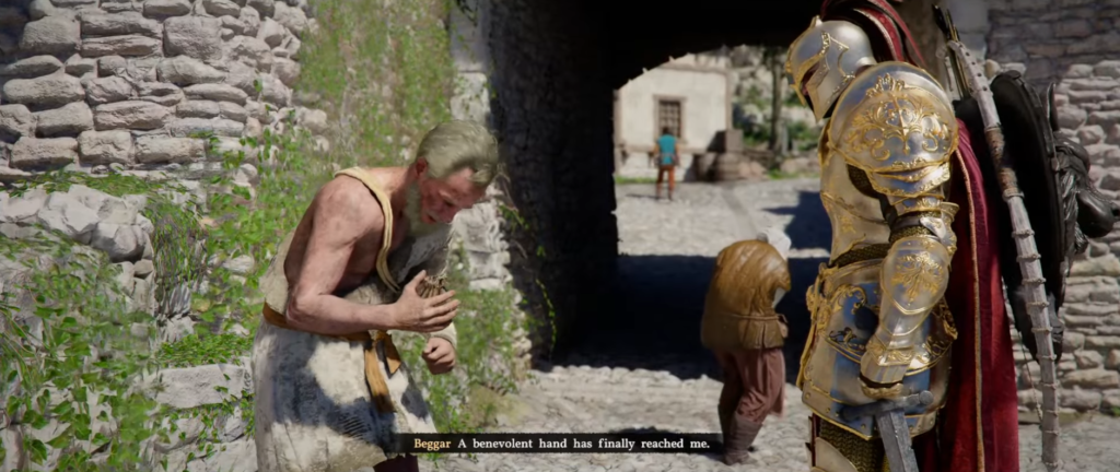 Armored knight talks to beggar outside stone archway