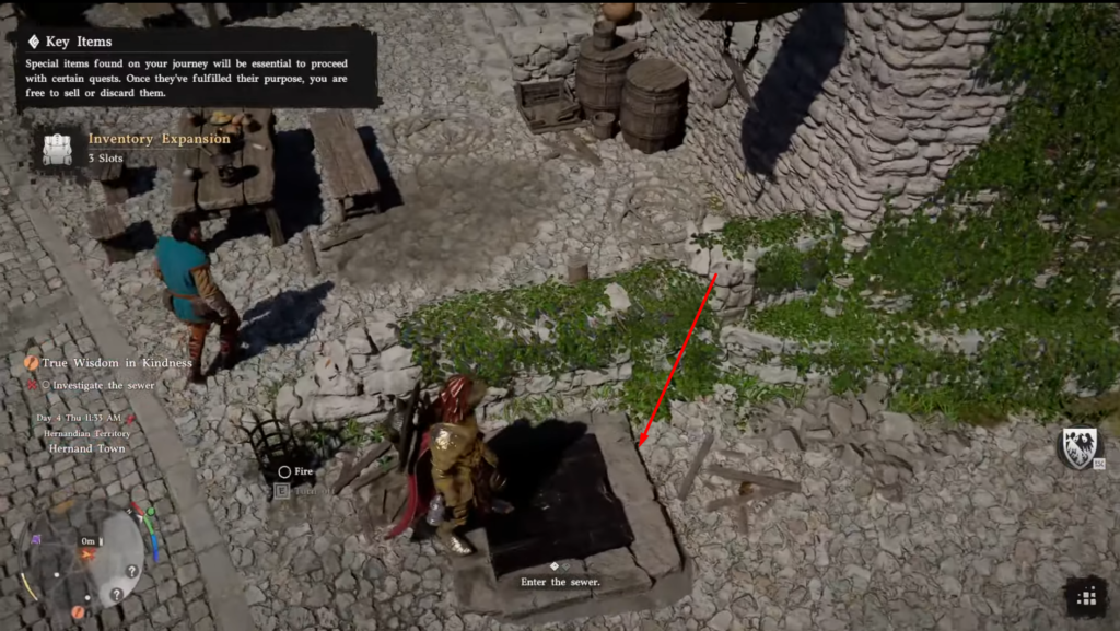 Armored character enters sewer hatch in stone courtyard