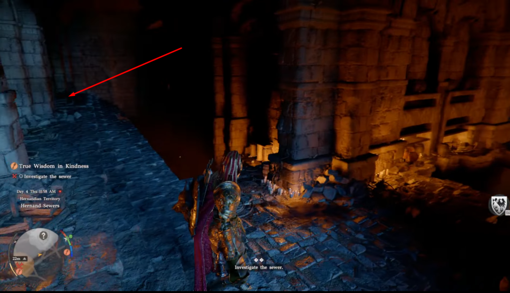 Armored character stands in stone sewer corridor at night