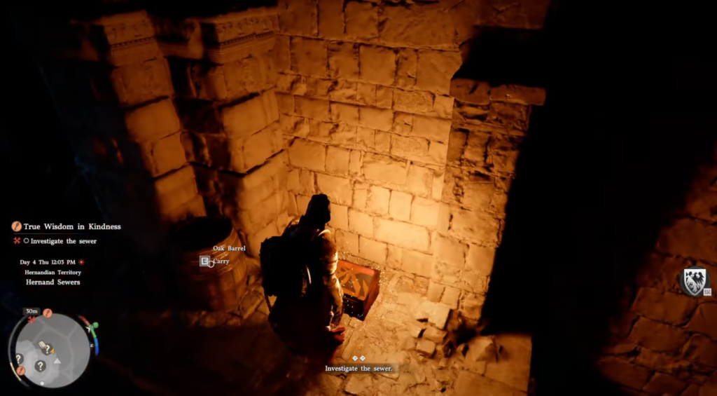 Player character opens chest in stone sewer corridor