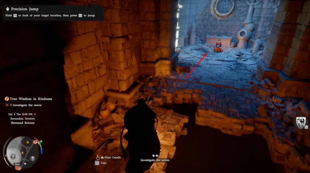 Player character aiming precision jump in stone sewer chamber