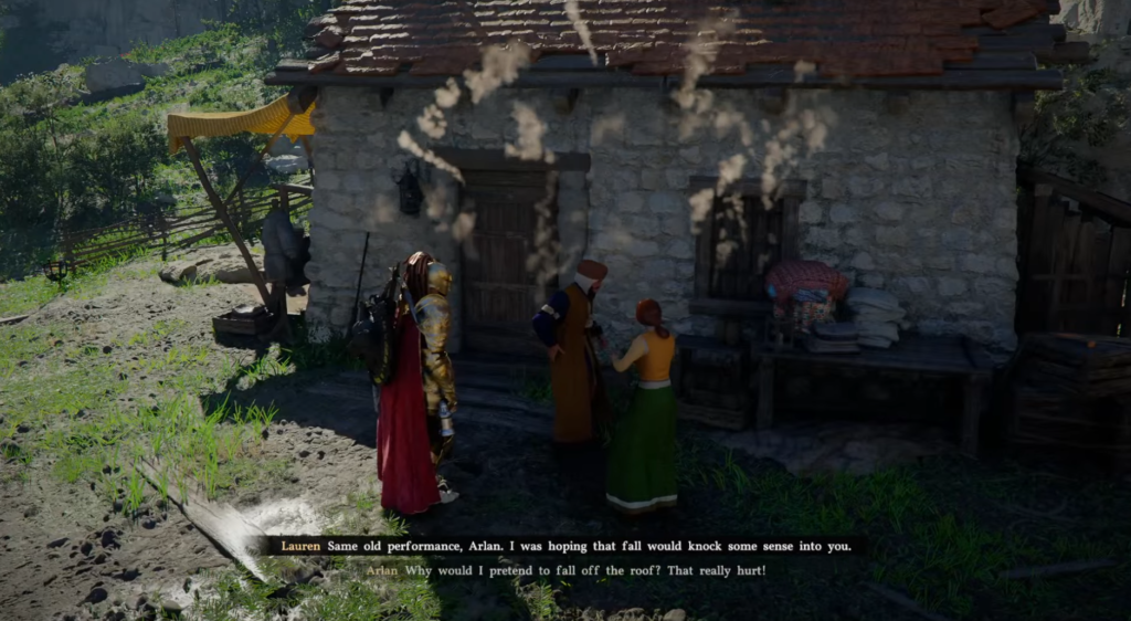 Armored adventurer talks to villagers outside stone cottage