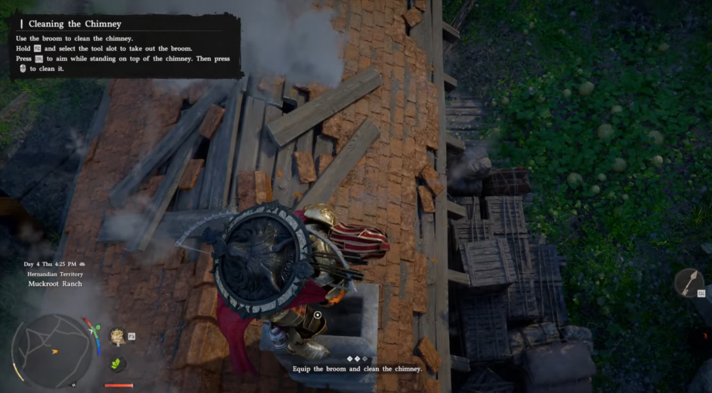 Armored character cleaning chimney on rooftop in game