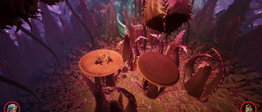 Two characters fight on mushroom platforms in forest