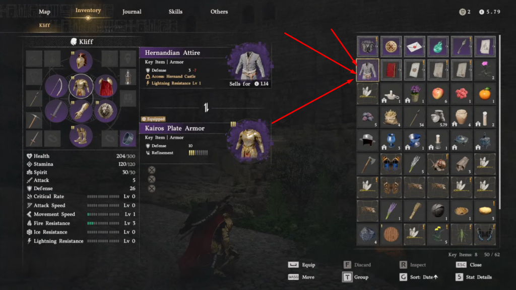Dragon's Dogma 2 inventory menu highlighting Hernandian Attire