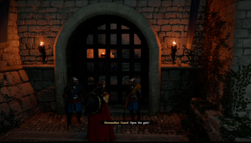 Guards stand at castle gate with torches at night