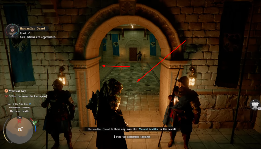 Dragon's Dogma 2 player talks to guard in castle doorway