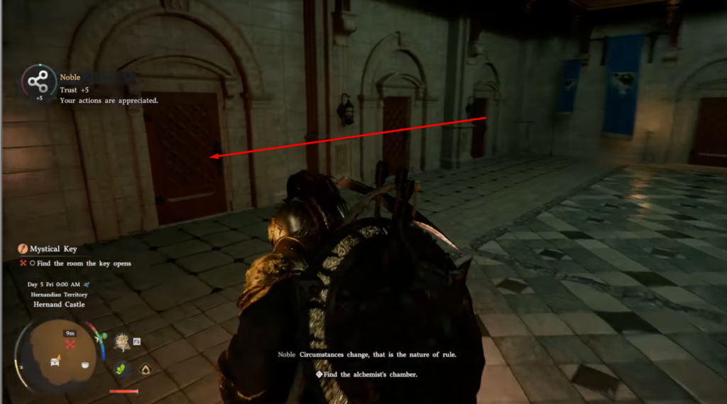 Armored character walks through castle hallway in GreedFall