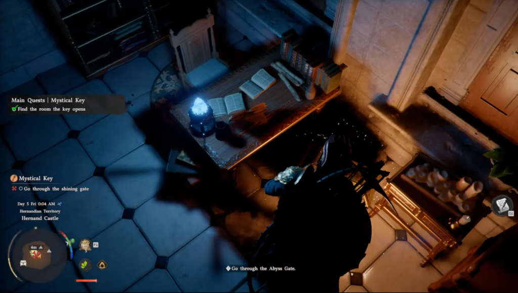 Player character stands by desk with glowing blue crystal