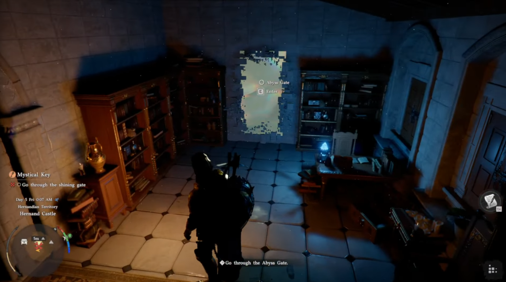 Player character enters Abyss Gate in castle library room