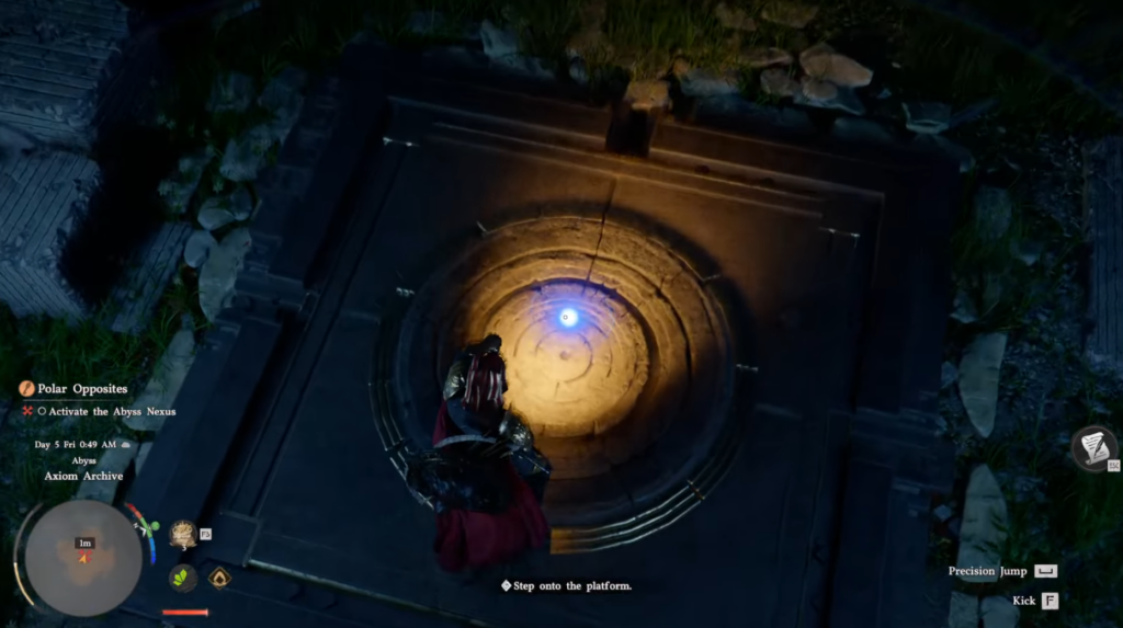 Armored character stands on circular platform with blue light