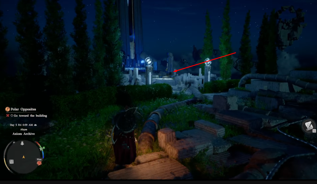 Player walks through ruins at night in game