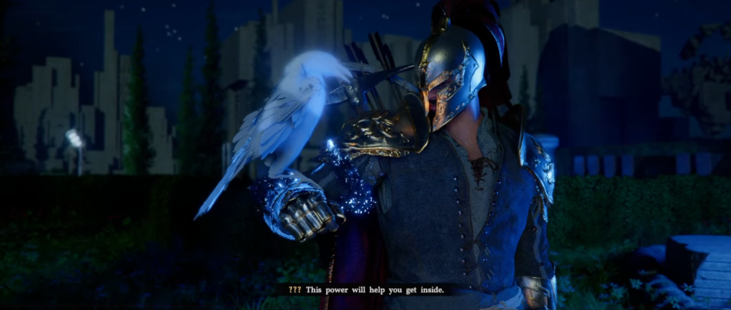 Armored warrior holds glowing bird at night outdoors