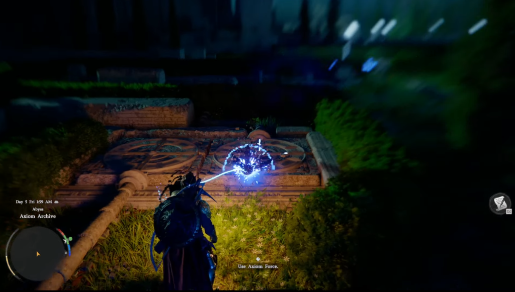 Player character uses blue magic on stone platform outdoors