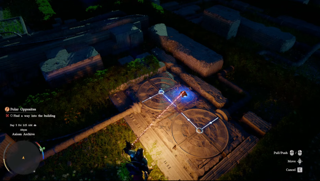 Player moves blue energy nodes in Axiom Archive ruins