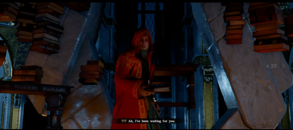 Hooded man holding book in ruined library interior
