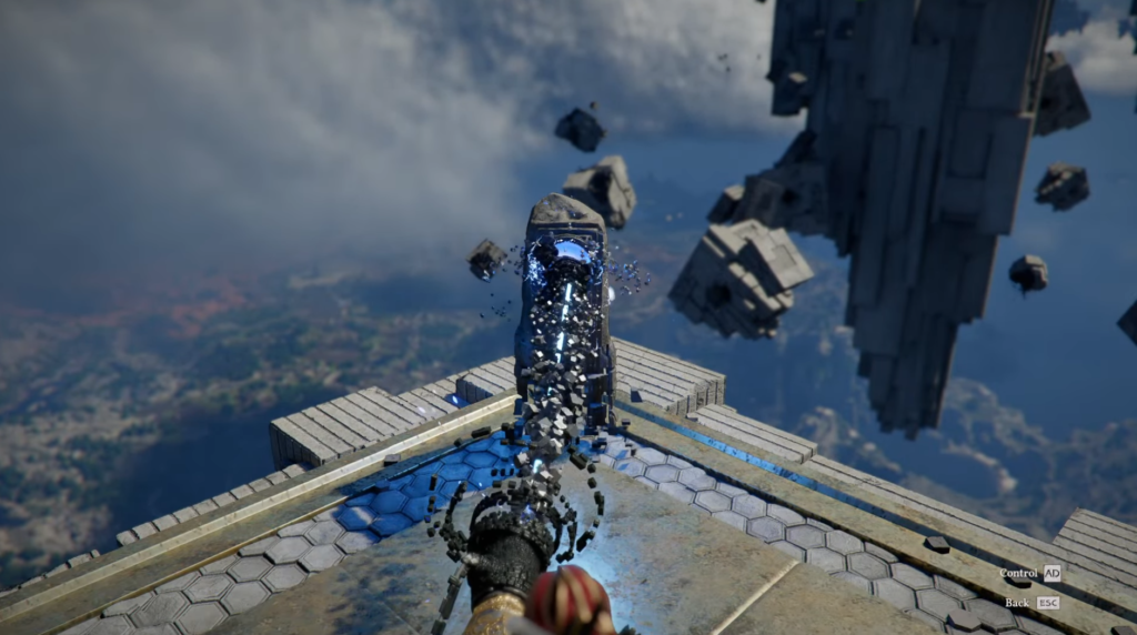 Gun firing at floating monolith on platform in sky