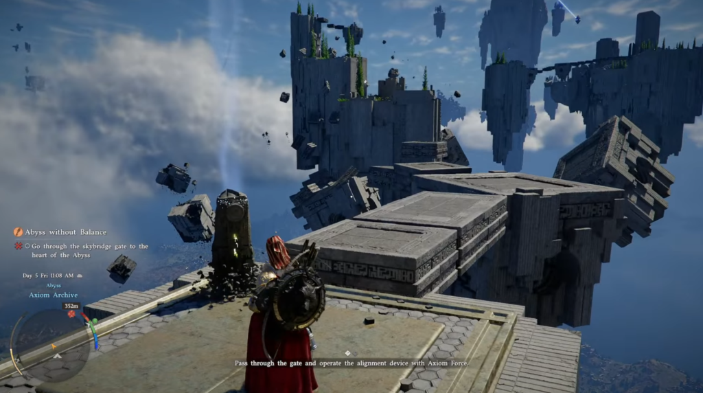 Warrior overlooks floating stone ruins above clouds