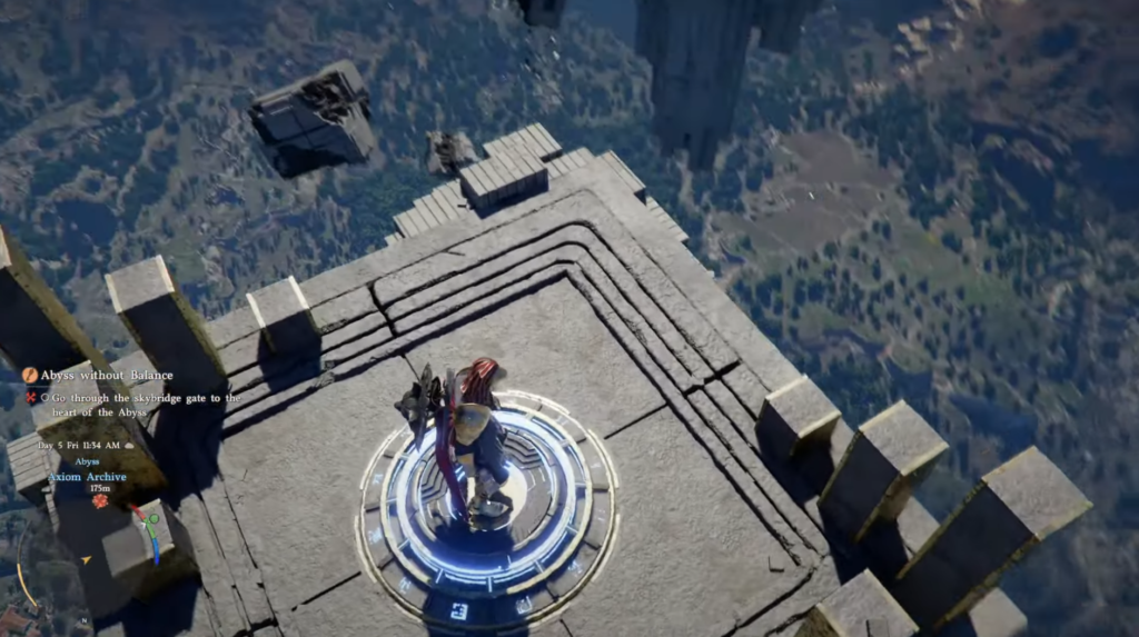Armored character stands on glowing platform atop tower