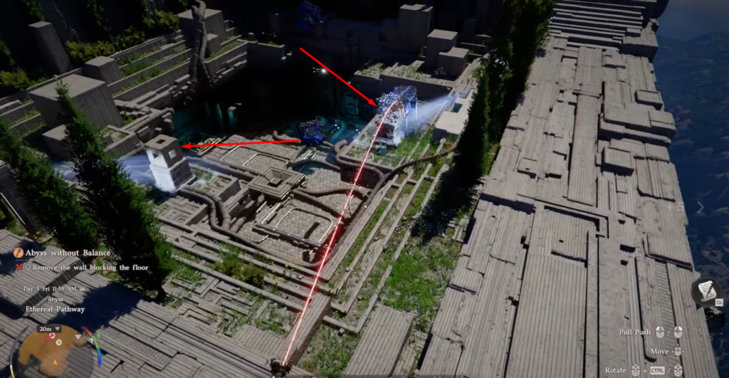 Red laser aiming across stone ruins puzzle area