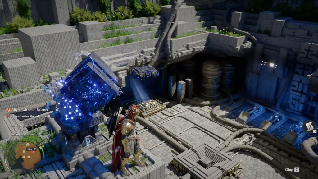 Armored character stands near blue cube in ruins