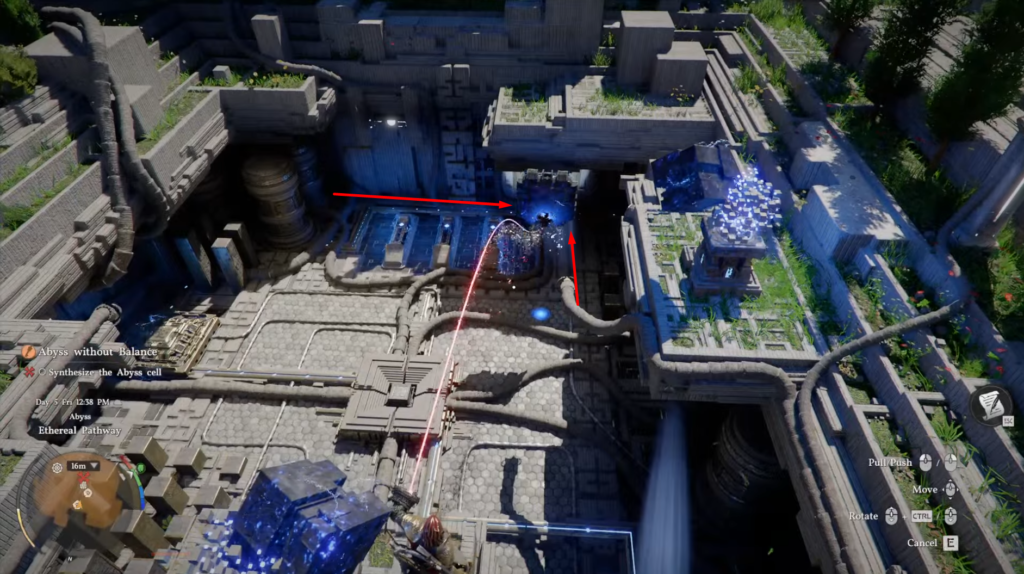 Player aims laser at blue cube in ruins