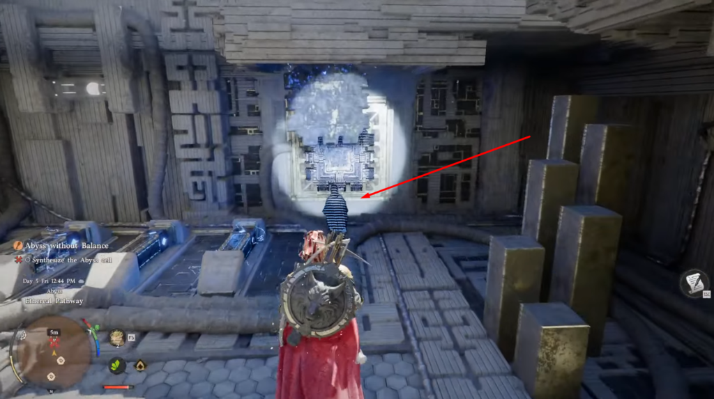 Player aims striped weapon at glowing portal in dungeon