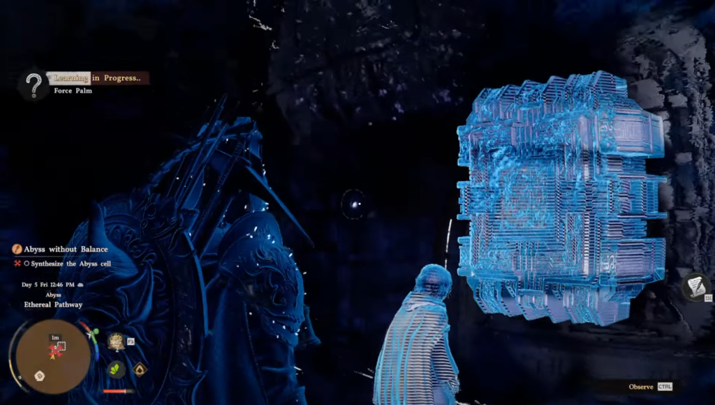 Player observes blue hologram cube in dark abyss
