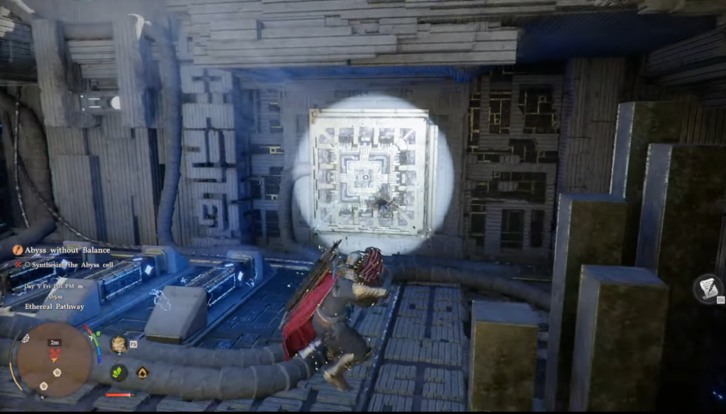 Game character aiming at wall panel in ruins