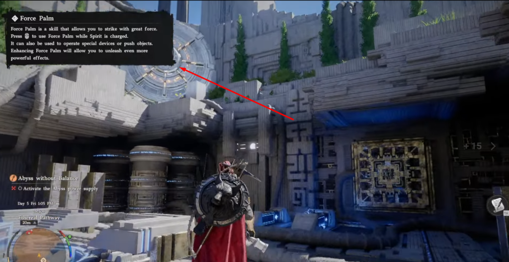 Warrior stands in stone ruins with Force Palm tooltip
