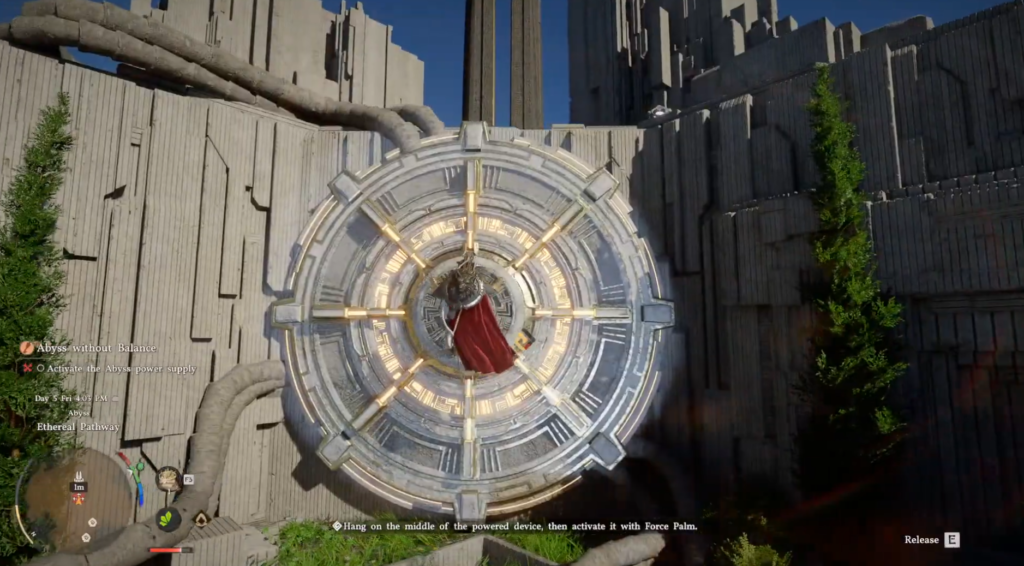 Character hangs on circular device in stone ruins