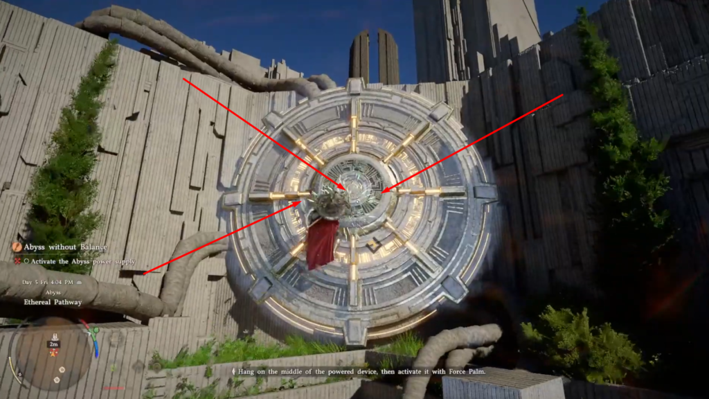 Armored figure climbs circular mechanism on concrete wall