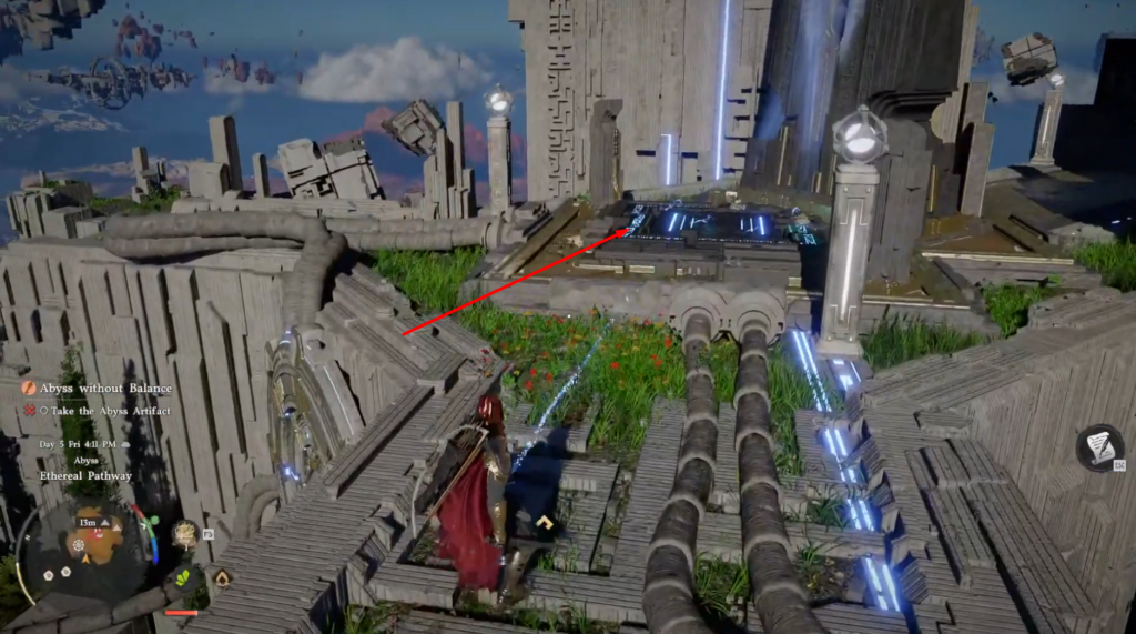 Player character walks on futuristic ruins platform with blue lights