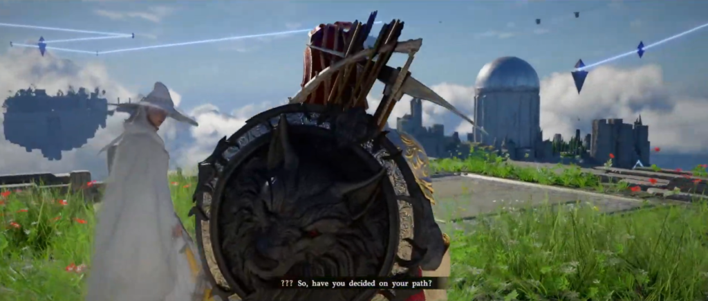 Armored warrior faces white-robed figure in grassy field