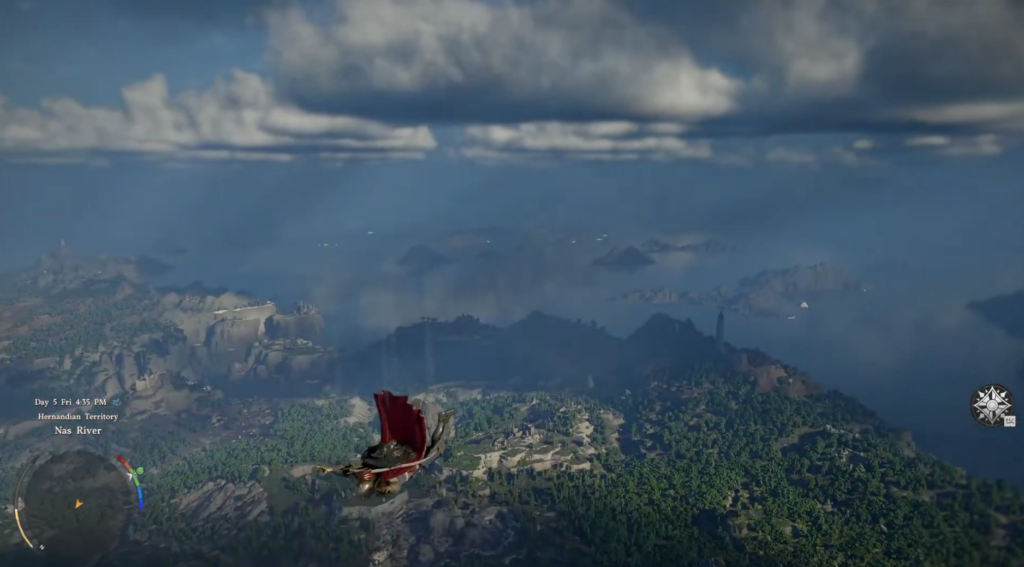 Eagle carrying rider over forested valley and river