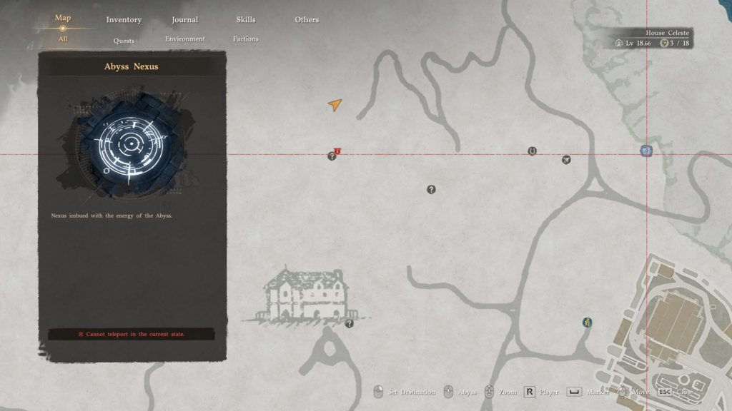 Abyss Nexus map menu over House Celeste region