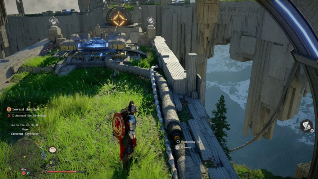 Player character connecting pipe on grassy cliff walkway