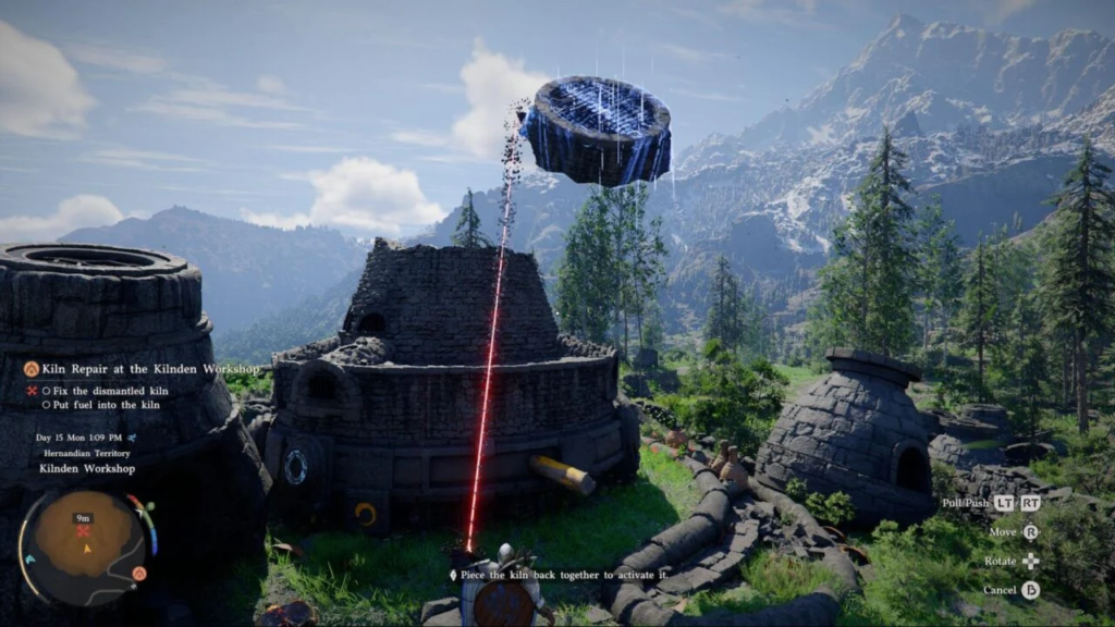 Red beam lifting stone kiln lid in mountains
