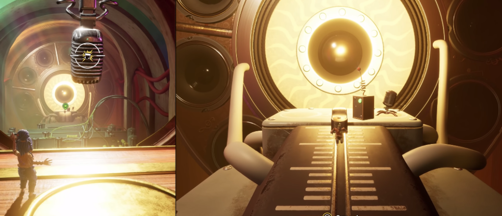 It Takes Two characters running toward giant speaker stage
