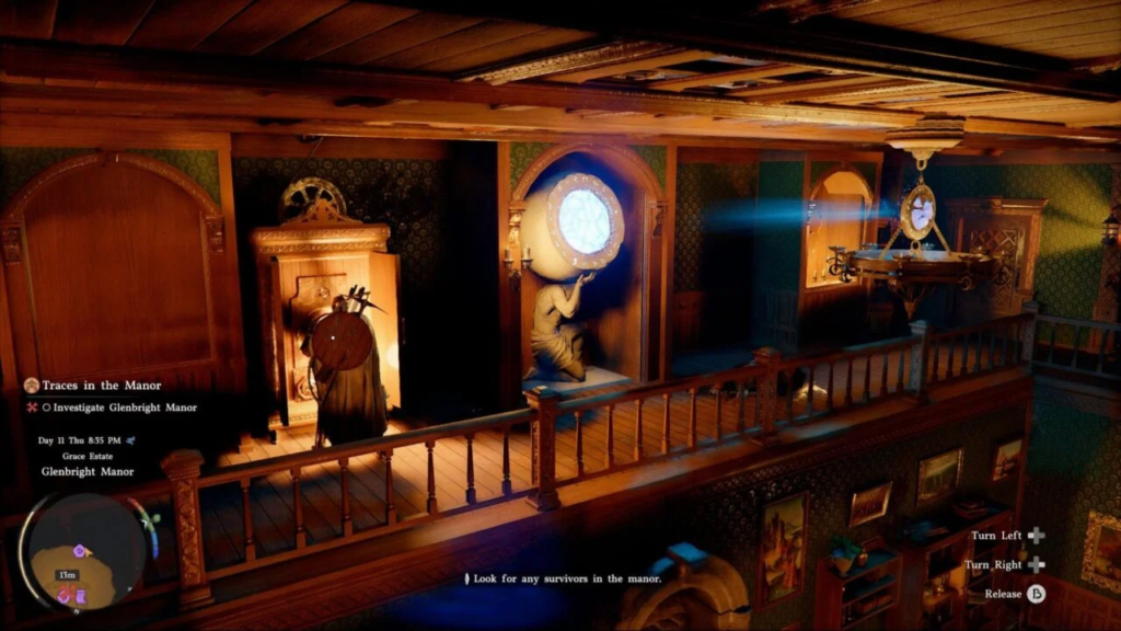 Character explores Glenbright Manor hallway in game scene